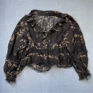 Anthropologie V-Neck Ruffled Blouse Size S in Black Motif